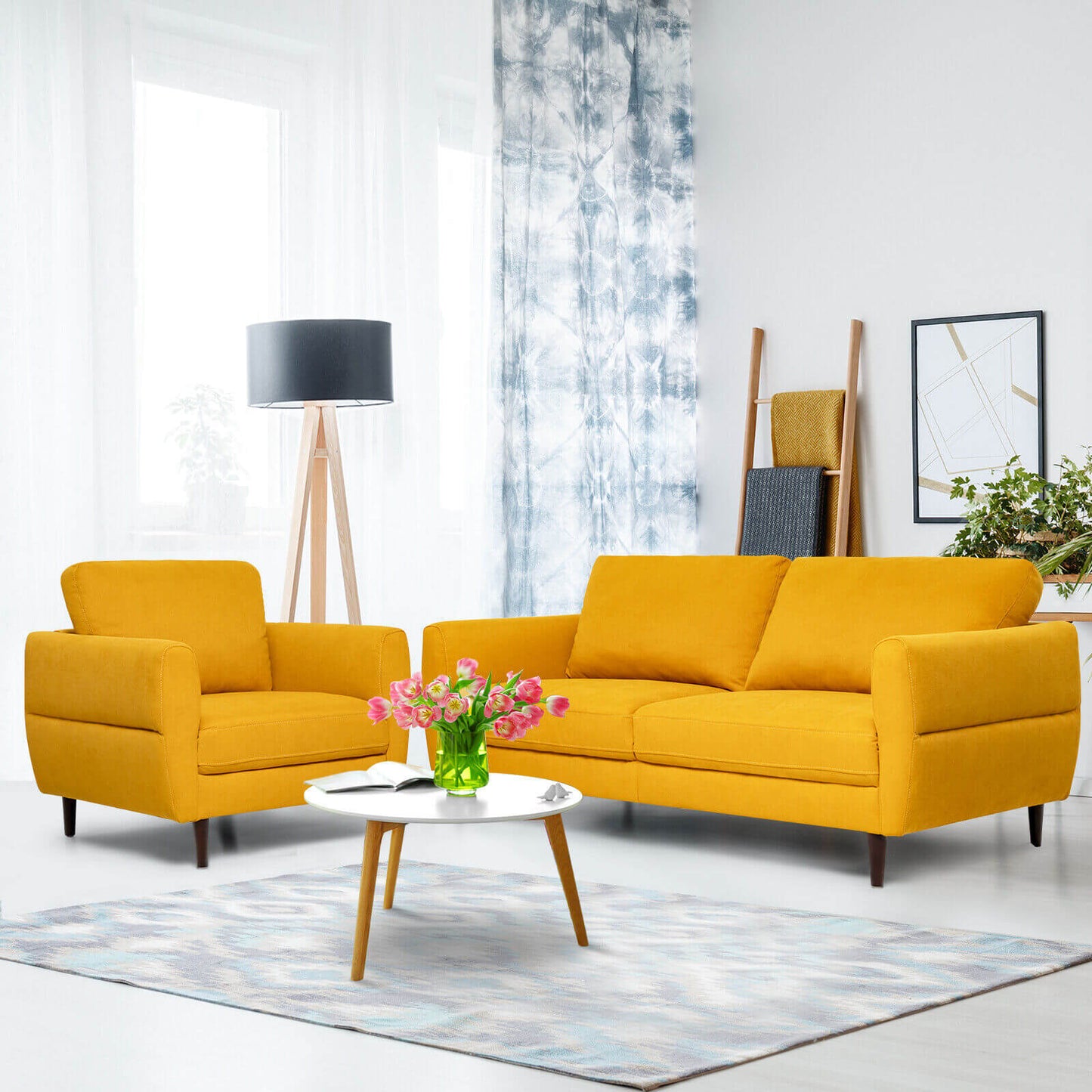 2 Pieces Upholstered Sofa Set with Removable Cushion Covers