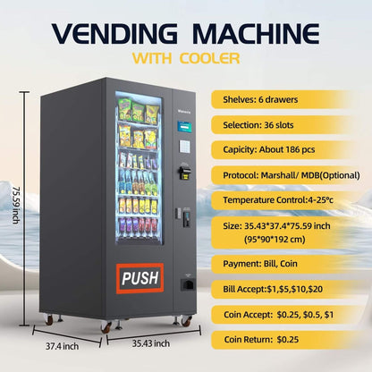 36-Slot Commercial Refrigerated Snack Drink Vending Machine With Bill And Coin Acceptor (SAK67318)