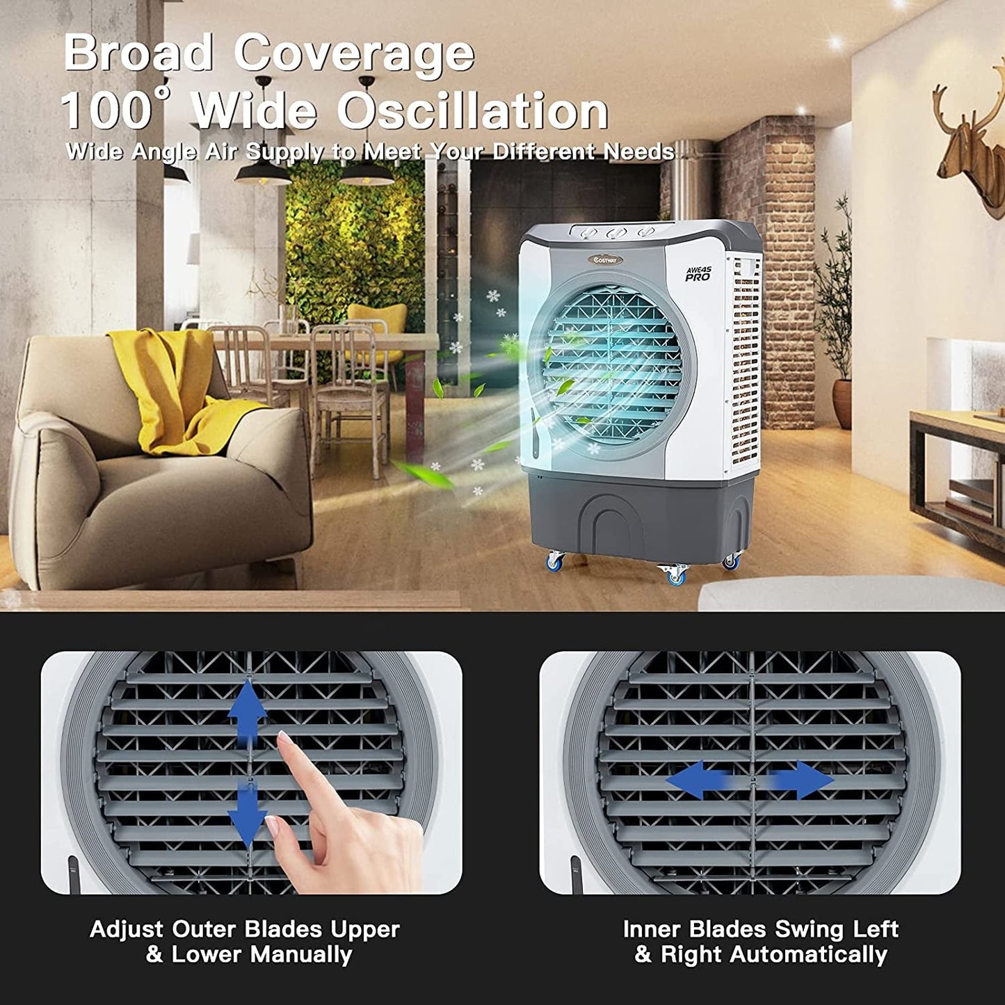4-in-1 Industrial Evaporative Air Cooler Fan with 12 Gallon Tank and Wheels-Gray