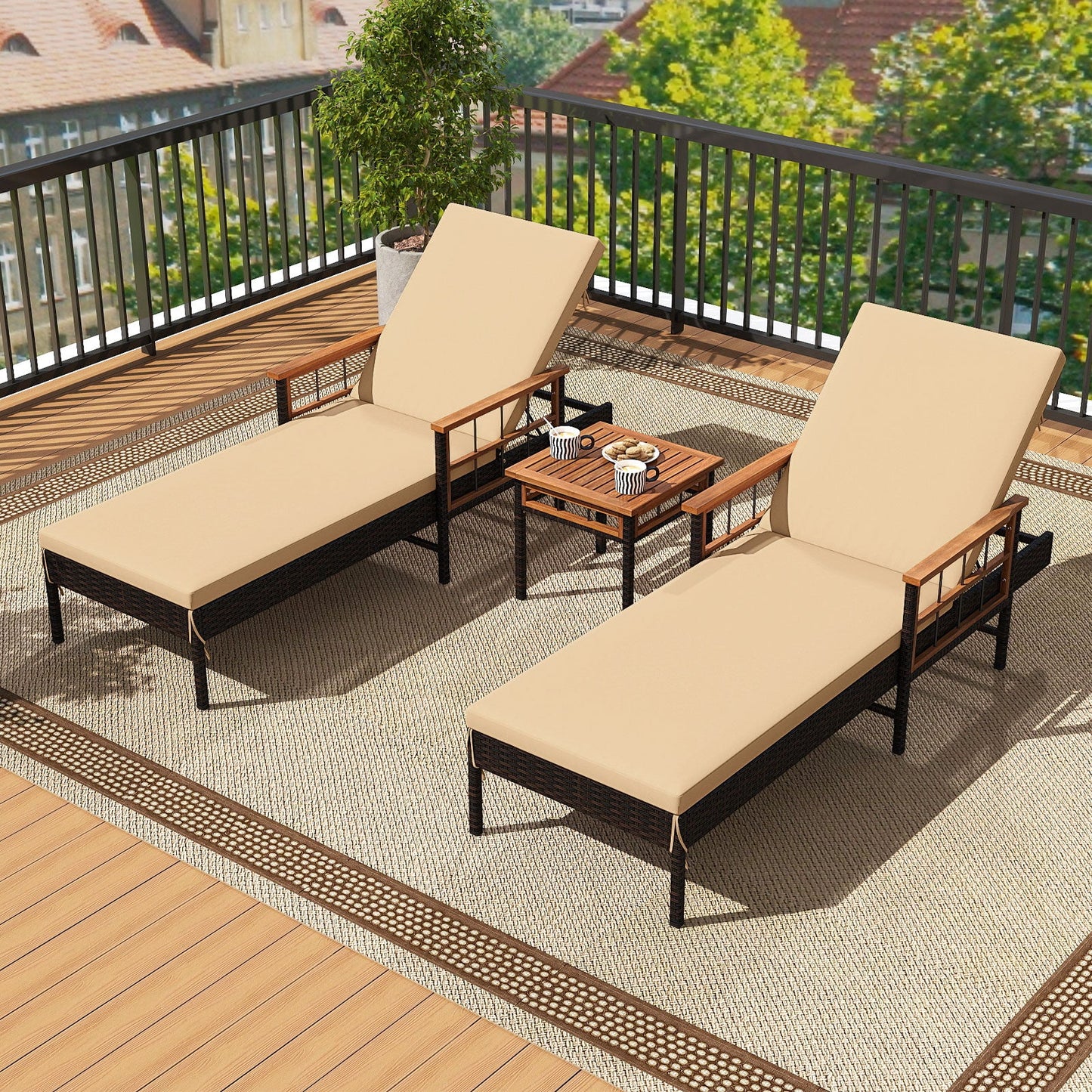 3 Pieces Patio Chaise Lounge Set for Poolside Backyard Porch