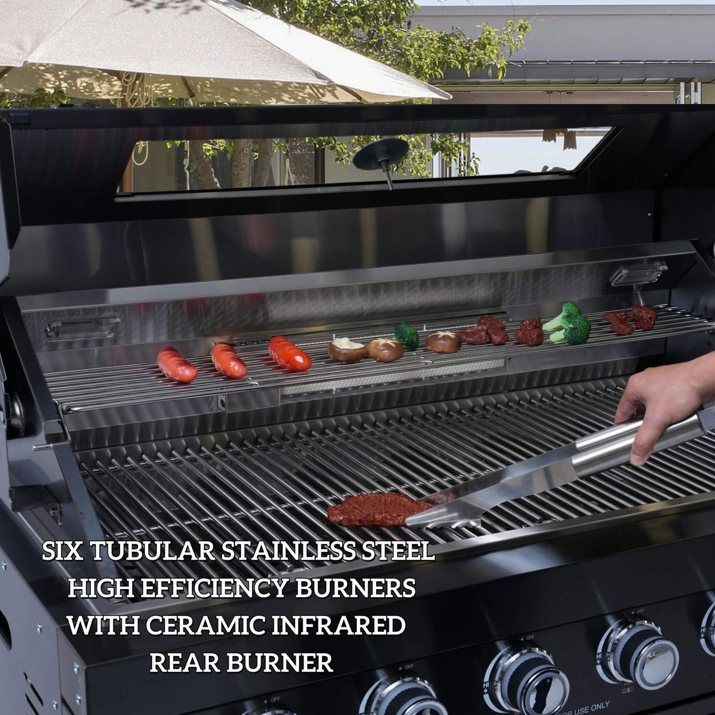 Castelle Flame Belmont 43-Inch 6-Burner 85K BTU Stainless Steel Outdoor BBQ Kitchen Grill Island With Wine Cooler, Rotisserie, And Sink (SAK19476)