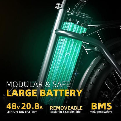DriftGod Folding Electric Bike for Adults – 1000W Motor, 20"x3" Fat Tire, 48V Removable Battery, All-Terrain E-Bike with 7-Speed, Front Suspension – Powerful Foldable Ebike for Commuter