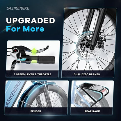 1500W Motor Peak Electric Bike for Adults and Teenagers, 48V 20AH Removable Battery Step Thru EBike, 30+MPH, 80 Miles Max Range, 24" Fat Tire Adult Electric Bicycles for 7 Speed