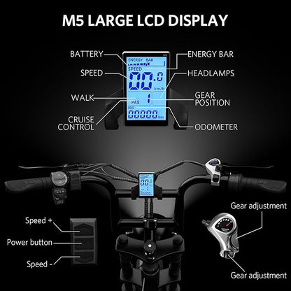 V8 Electric Bike for Adults, 20'' Fat Tire E Bike with Powerful Motor 48V 15Ah Removable Battery, 7-Speed Gears, 2 Seater E-Bike, Ebike Moped Style for Mountains, Snow, Sand, Road