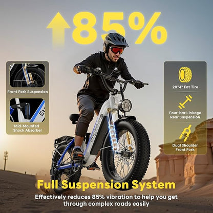 Electric Bike for Adults 1400W Peak, 48V 20AH(960WH) Removable Battery, 20"x4" Fat Tire Full Suspension 80 Miles Range Step-Thru 30+MPH Hunting Ebike, 7-Speed Dual Brakes Electric Bicycle
