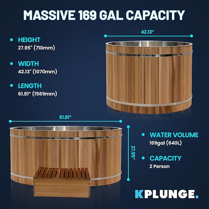 Premium 62-in. Oval Cedar Wood Cold Plunge and Hot Tub with Stainless Steel Interior, Wooden Step, Foldable Thick Cover, Headrest, and Barrel Hoop for Indoor and Outdoor Recovery Use – Tub Only