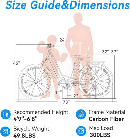 Carbon Fiber Electric Bike for Adults, Peak 1000W Motor 25MPH Ebike with 48V 19.2AH Removable Dual Batteries, 128 Miles Range, 26'' Big Tires, 7-Speed, Electric Bicycle for Men/Women