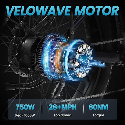 VELOWAVE Electric Bike for Adults Peak 1200W BAFANG Motor 28MPH Mountain Ebike 48V 15Ah Removable LG Cells Battery 26'' Fat Tire E Bike Shimano 7-Speed