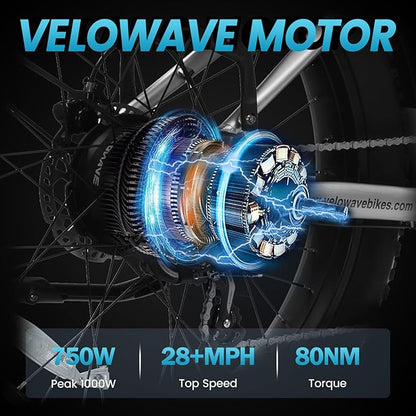 VELOWAVE Electric Bike for Adults Peak 1200W BAFANG Motor 28MPH Mountain Ebike 48V 15Ah Removable LG Cells Battery 26'' Fat Tire E Bike Shimano 7-Speed
