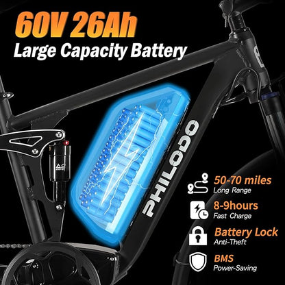 Electric Bike for Adults, 5000W Peak Dual Motor Ebike, 60V 26AH Long Range Dirtbike, 26" Fat Tires for All Terrain Electric-Bicycle, 45MPH-Hunting-Ebike for Off-Road Snow Sand
