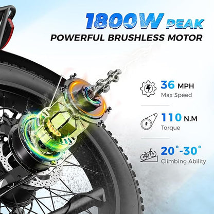LEONX M2 Pro Electric Bike,1800W Motor Electric Bike for Adults, 26'' x 4.0'' Fat Tire Ebike with 48V 17.5AH Battery, 36MPH 85Miles Long Range Electric Mountain Bike, Up to 110 Nm