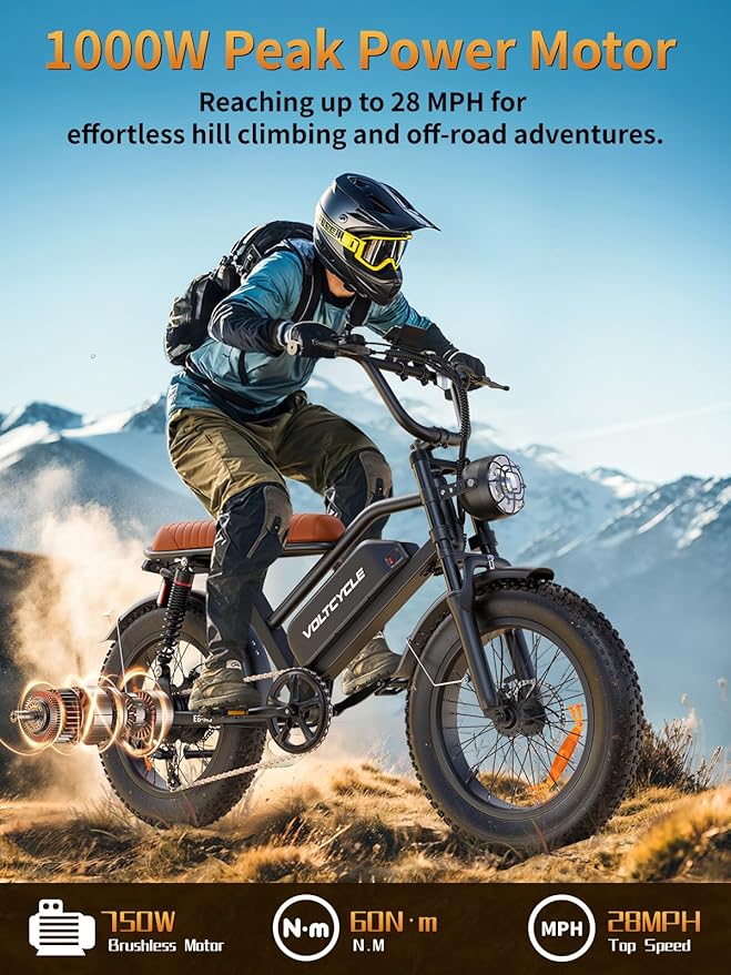Electric Bicycle for Adults - 20”x 4”Fat Tire, Peak 1000W Motor, 7 Speed Electric Motorcycle Bicycle, 48V/18.2AH Detachable Battery Long Seat Electric Bike,Up to 28MPH/30-60Miles Electric Dirt Bike