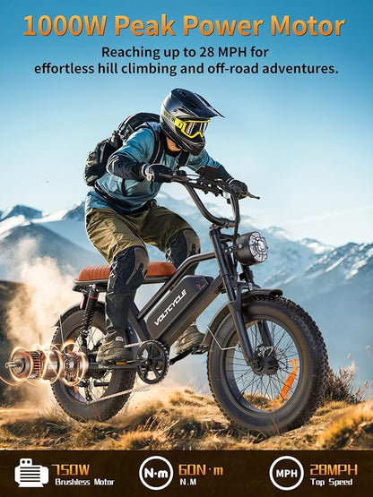 Electric Bicycle for Adults - 20”x 4”Fat Tire, Peak 1000W Motor, 7 Speed Electric Motorcycle Bicycle, 48V/18.2AH Detachable Battery Long Seat Electric Bike,Up to 28MPH/30-60Miles Electric Dirt Bike