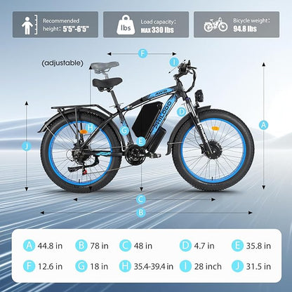 PHILODO 5000W Dual Motor Ebikes for Adults, 60V 26AH Battery Electric Bike, 26x4 Fat Tires for All Terrain Dirt Bike with 21-Speed Gear Electric Mountain Bike Electric Bicycle