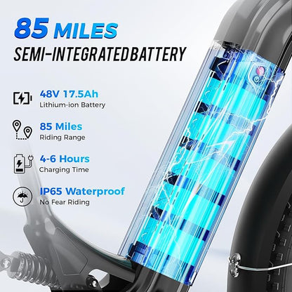 M1 Pro Electric Bike, 1800W Peak Motor Electric Bike for Adults, 48V 17.5Ah, 26'' x 4.0'' Fat Tire Electric Mountain Bike, Ebike with 85 Miles, 36MPH, 7 Speed 110Nm and Dual Suspension