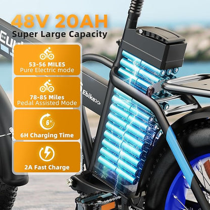 1000W Folding Electric Bike, 48V 20AH Large Removable Battery E Bike, 30+MPH, 80 Miles Max Range, 20" Fat Tire Electric Bike for Adults, Adult Electric Bicycles for Commute Beach Snow