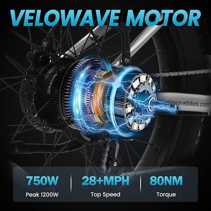 VELOWAVE Electric Bike for Adults Peak 1200W BAFANG Motor 28MPH Mountain Ebike 48V 15Ah Removable LG Cells Battery 26'' Fat Tire E Bike Shimano 7-Speed
