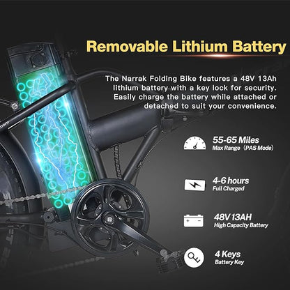 Fat Tire Folding Electric Bike, 48V & 624Wh Lithium Removable Battery, Peak 1100W Brushless Motor, Max Speed 28Mph, M5 Large LCD Display, Suspension, Step-Over/Thru Frame