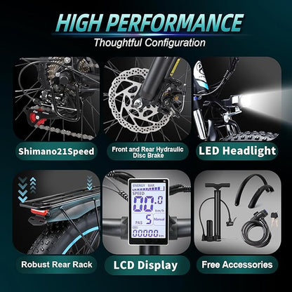 Peak 2000W Electric Bike for Adults 27 MPH 48V15Ah Removable Battery Max 40-80 Miles E Bike 26" Fat Tire Ebike Shamano 21-Speed All Terrain for Mountains Snow Sand Road