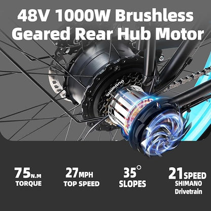 Peak 2000W Electric Bike for Adults 27 MPH 48V15Ah Removable Battery Max 40-80 Miles E Bike 26" Fat Tire Ebike Shamano 21-Speed All Terrain for Mountains Snow Sand Road