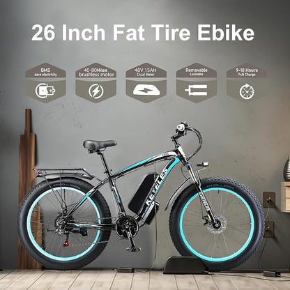 Peak 2000W Electric Bike for Adults 27 MPH 48V15Ah Removable Battery Max 40-80 Miles E Bike 26" Fat Tire Ebike Shamano 21-Speed All Terrain for Mountains Snow Sand Road