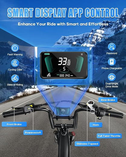 W Wallke H7 AWD Dual Motor Electric Bike for Adult, 48V 60Ah/40Ah Removable Battery, Long Range 32-34MPH Fast Ebike, 20" Fat Tire Mountain Offroad All Terrain Full Suspension E-Bicycle, UL2849 List