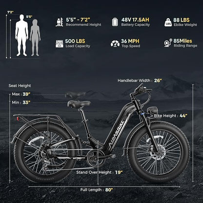 M1 Pro Electric Bike, 1800W Peak Motor Electric Bike for Adults, 48V 17.5Ah, 26'' x 4.0'' Fat Tire Electric Mountain Bike, Ebike with 85 Miles, 36MPH, 7 Speed 110Nm and Dual Suspension