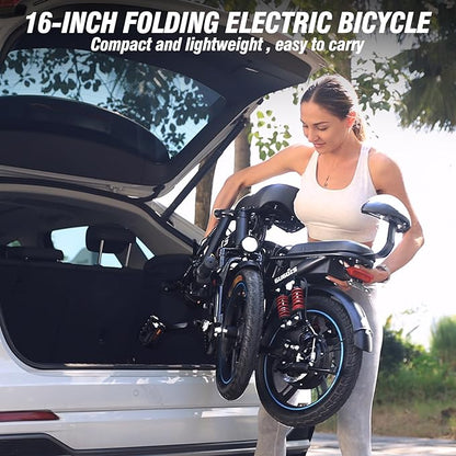 2 Seater Electric Bike for Adults,Mini Bike 500/750 Motor,28MPH,48V/15AH Removable Battery,25-30Miles 16" Fat Tire Commuter Ebike,Full Suspension Foldable Electric Bicycles for Adults Teens