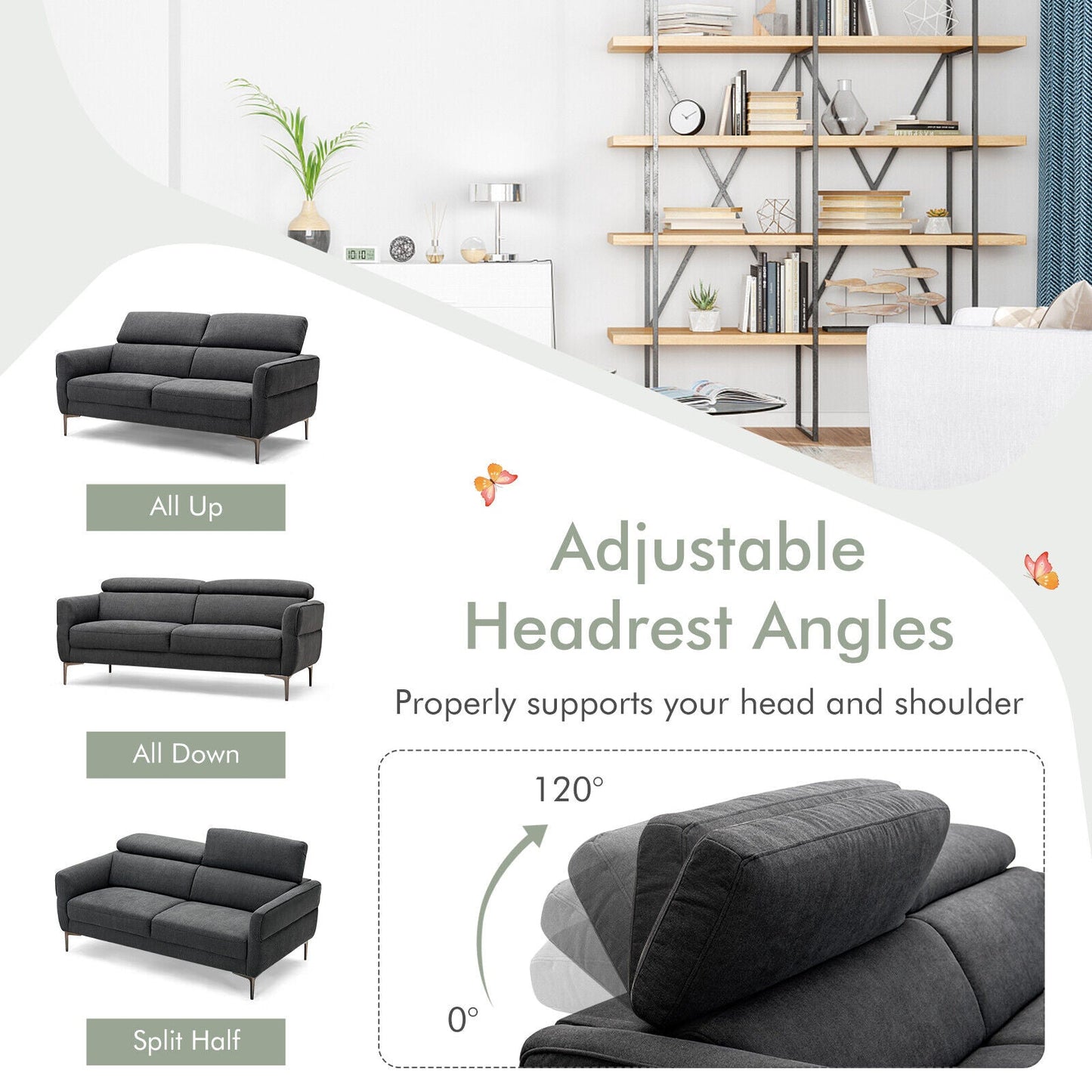 72.5 Inch Modern Fabric Loveseat Sofa Couch with Adjustable Headrest