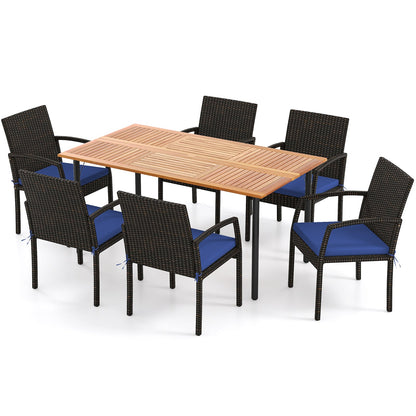 7 Pieces Outdoor Dining Set Acacia Wood Table with Umbrella Hole and Cushions