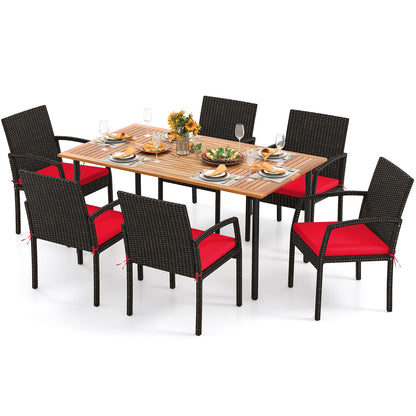 7 Pieces Outdoor Dining Set Acacia Wood Table with Umbrella Hole and Cushions