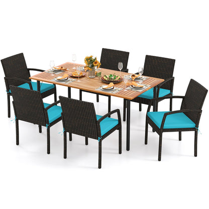 7 Pieces Outdoor Dining Set Acacia Wood Table with Umbrella Hole and Cushions