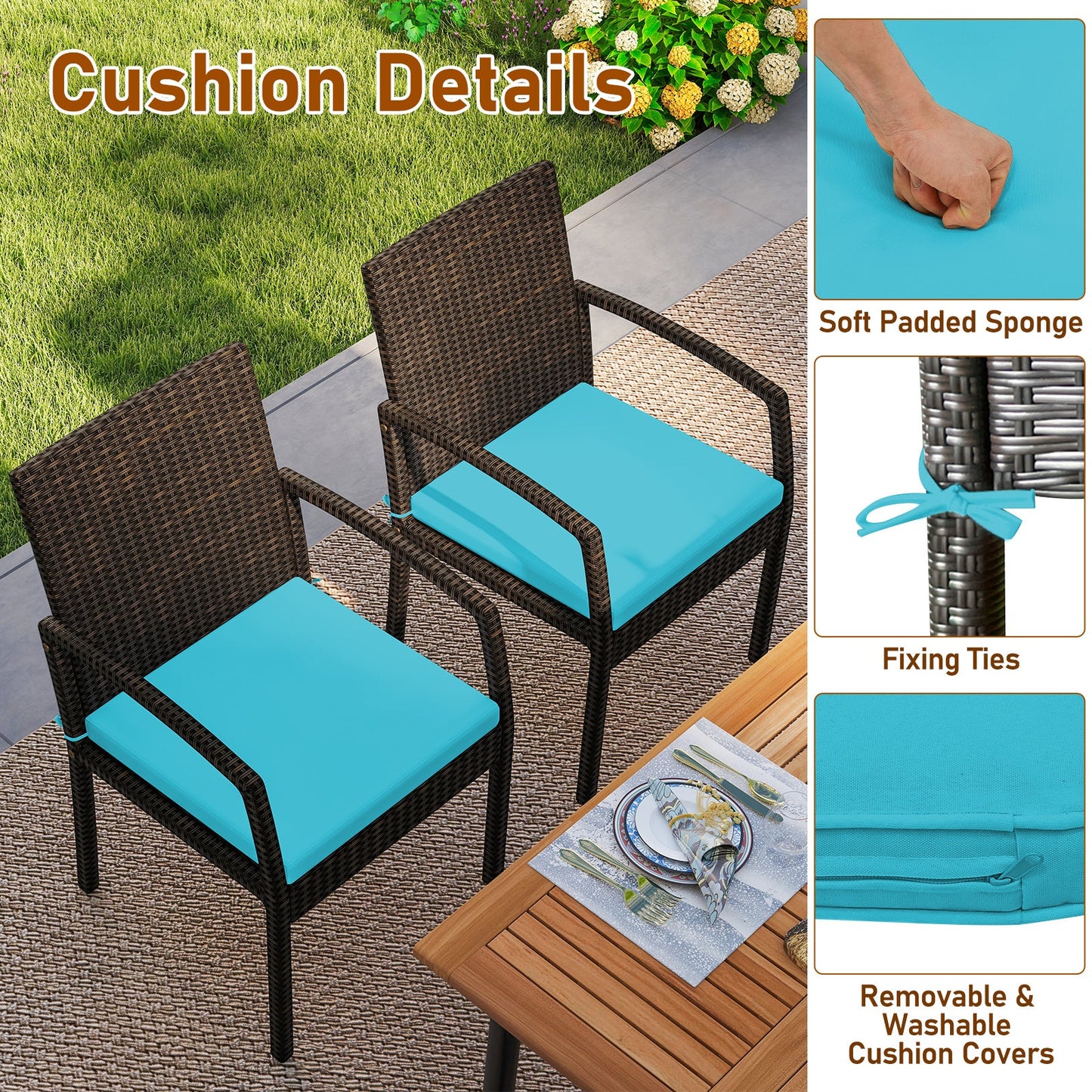 7 Pieces Outdoor Dining Set Acacia Wood Table with Umbrella Hole and Cushions