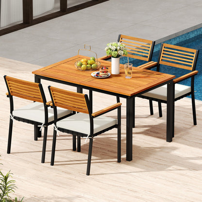 7-Piece Patio Dining Set Wood Metal with Seat Cushions and Umbrella Hole-White