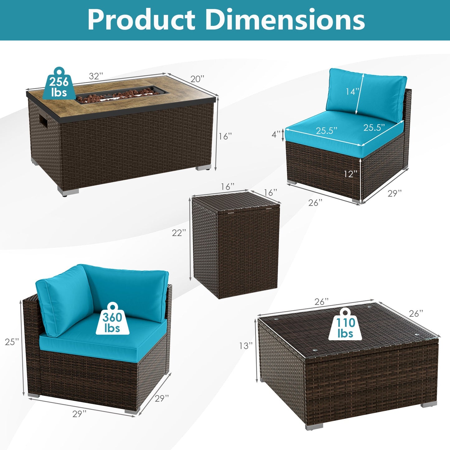 7 Pieces Outdoor Furniture Set with 32 Inch Fire Pit Table and Propane Tank Cover