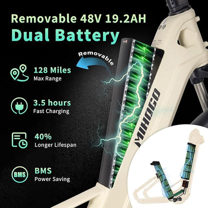 Carbon Fiber Electric Bike, 48V Dual Battery 128 Miles Ebike, Peak 1000W Motor 25MPH, 26'' Big Tires, 7-Speed, Hydraulic Brakes, Front Suspension Electric Bicycle for Men/Women Commuter