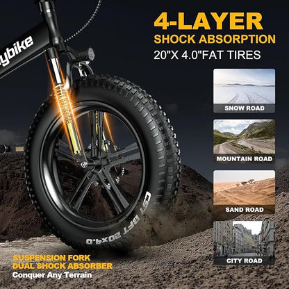 1000W Folding Electric Bike, 48V 20AH Large Removable Battery E Bike,30+MPH, 80 Miles Max Range, 20" Fat TireElectric Bike for Adults, Adult Electric Bicycles for CommuteBeach Snow