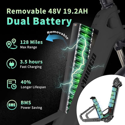 Carbon Fiber Electric Bike, 48V Dual Battery 128 Miles Ebike, Peak 1000W Motor 25MPH, 26'' Big Tires, 7-Speed, Hydraulic Brakes, Front Suspension Electric Bicycle for Men/Women Commuter