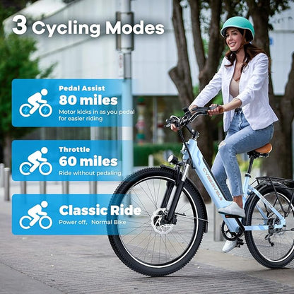 DriftGod 26" Electric Bike for Adults – Powerful 1000W Motor, 48V Removable Battery, 7-Speed, Front Suspension & LCD Display – Commuter and Mountain EBike for Women