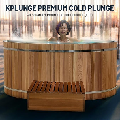 Premium 62-in. Oval Cedar Wood Cold Plunge and Hot Tub with Stainless Steel Interior, Wooden Step, Foldable Thick Cover, Headrest, and Barrel Hoop for Indoor and Outdoor Recovery Use – Tub Only