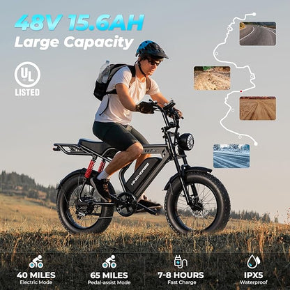 Electric Bike for Adults, 20" Fat Tire EBike 31MPH, 65Miles PAS Range, 1500W Peak Motor Electric Dirt Bike with Long Seat, Rear Rack, 48V 15.6AH Battery All-Terrain Electric Mountain Bike for Off-Road