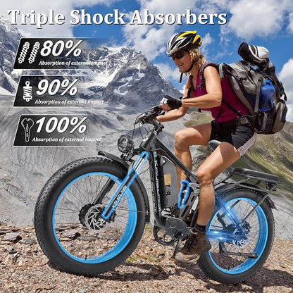 52V Electric Bike for Adults, 38MPH 26” Fat Tire Dirtbike 6000W Peak, AWD Ebike Dual Motor,26AH Removable Battery Fast Full Hydraulic Brake
