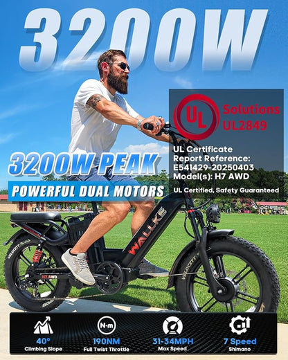 W Wallke H7 AWD Dual Motor Electric Bike for Adult, 48V 60Ah/40Ah Removable Battery, Long Range 32-34MPH Fast Ebike, 20" Fat Tire Mountain Offroad All Terrain Full Suspension E-Bicycle, UL2849 List