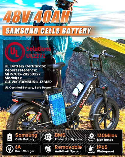 W Wallke H7 AWD Dual Motor Electric Bike for Adult, 48V 60Ah/40Ah Removable Battery, Long Range 32-34MPH Fast Ebike, 20" Fat Tire Mountain Offroad All Terrain Full Suspension E-Bicycle, UL2849 List