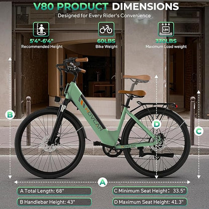 V80 Electric Bike, 1000W Motor 28MPH Ebike, 48V 13Ah Removeable Battery, 26'' City Cruiser Adult Electric Bicycles up to 70 Miles