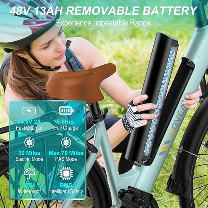 V80 Electric Bike, 1000W Motor 28MPH Ebike, 48V 13Ah Removeable Battery, 26'' City Cruiser Adult Electric Bicycles up to 70 Miles