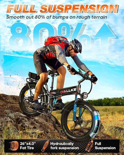 W Wallke 2025 X3 ProMax MAX Folding Dual Motor Electric Bike, 48V 44Ah/22Ah Long Range Adults Ebike, 26" Fat Tire All Terrian Full Suspension 31-34 MPH Fast E-Bike, 7-Speed Mountain e Bicycle, UL2849