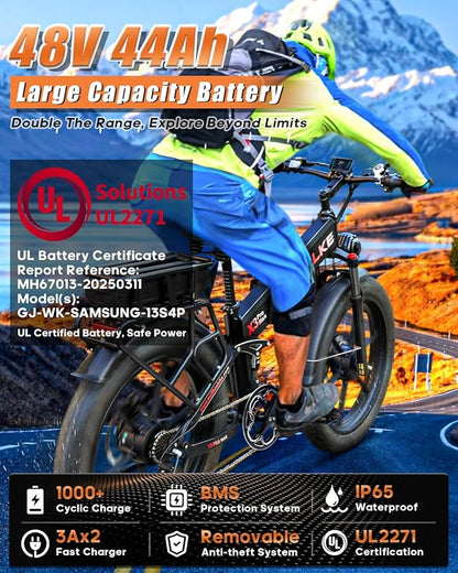 W Wallke 2025 X3 ProMax MAX Folding Dual Motor Electric Bike, 48V 44Ah/22Ah Long Range Adults Ebike, 26" Fat Tire All Terrian Full Suspension 31-34 MPH Fast E-Bike, 7-Speed Mountain e Bicycle, UL2849