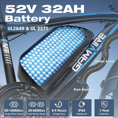 Ebike for Adults Electric, 52V 19.2Ah/32Ah, Peak 2000W/2500W E-Bike, 36/40MPH, 70 Miles/100Miles Long Range, Hydraulic Disc Brake, Off Road Snow Mountain E-Bike, 24"/26" Fat Tire Fast Electric Bicycle