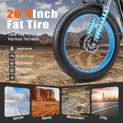 52V Electric Bike for Adults, 38MPH 26” Fat Tire Dirtbike 6000W Peak, AWD Ebike Dual Motor,26AH Removable Battery Fast Full Hydraulic Brake